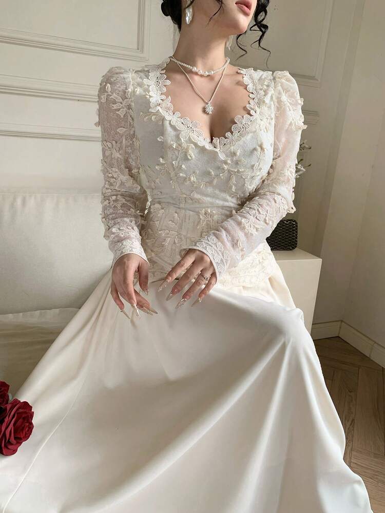 Spring & Summer White Lace Dress, Fashion Party Gown, Elegant Slim Fit Formal Dress For Wedding, Banquet, Prom, Commute, Sheer Mesh Patchwork Waist Flared Dress For Women Sundress