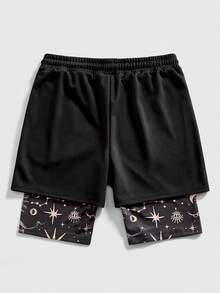 ROMWE MEN Street Life Men's Star & Moon Print Drawstring Waist Double Layer Shorts - Black - View 2