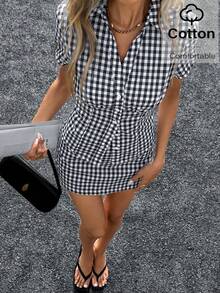 Siren Gaze Women's Casual Plaid Shirt And Mini Skirt 2 Pieces Set, Summer Plaid Two Piece Set - Blue - View 7