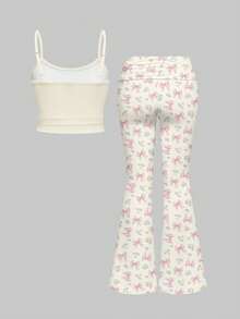 ROMWE Kawaii SummergraphicblackCute Sweet Heart Bow Bunny Cake Tie-Up Sexy Camisole & Flared Low Waist Pants Women 2 Pieces Set - Beige - View 2