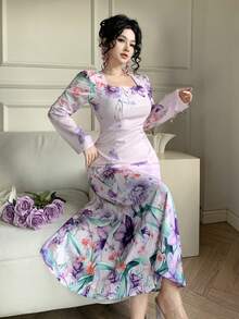 DAZY Đầm midi dáng đuôi cá tay phồng cổ vuông in hoa thanh lịch dành cho nữ, thích hợp làm đầm dự tiệc cưới mùa xuân/hè hoặc đầm mùa hè lễ Phục sinh. - Màu tím - Xem 6