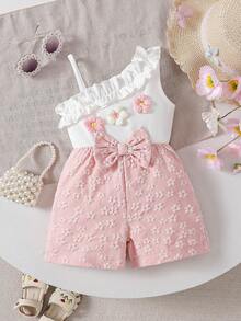 SHEIN 女婴时尚优雅不对称肩部3D立体花朵蝴蝶结连体衣，夏季 - 粉色 - 查看 1