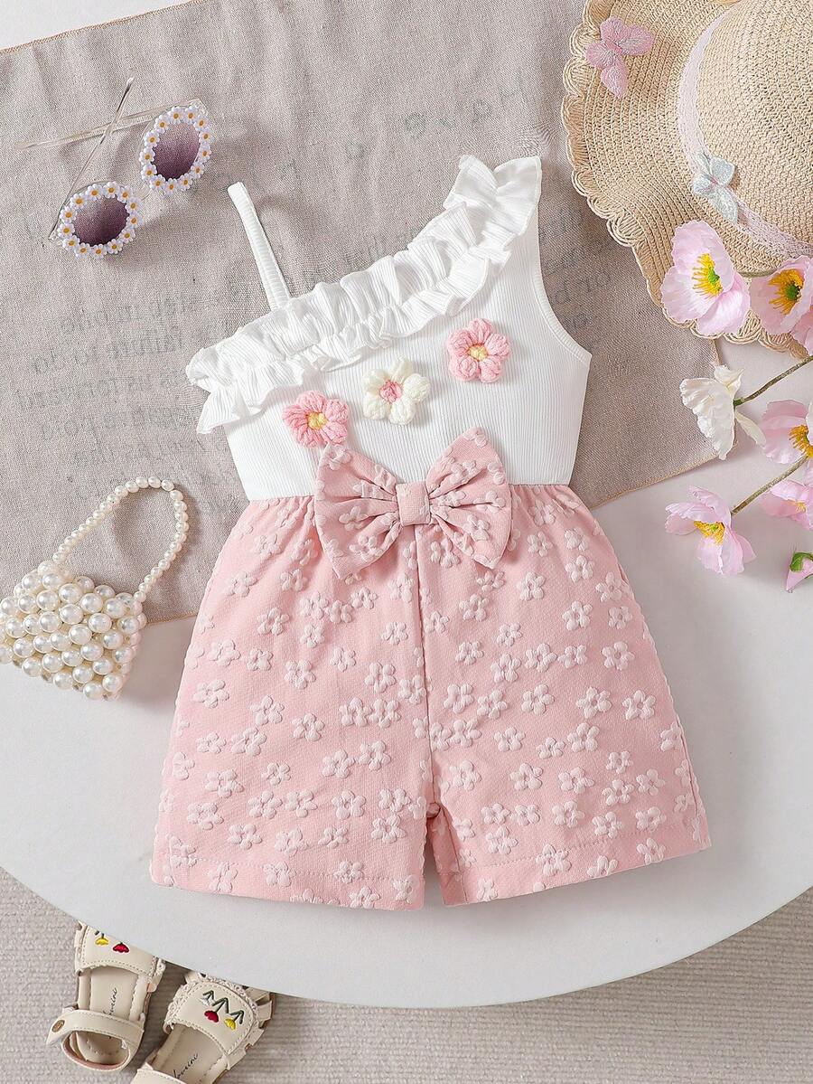 SHEIN 女婴时尚优雅不对称肩部3D立体花朵蝴蝶结连体衣，夏季 - 粉色 - 查看 1