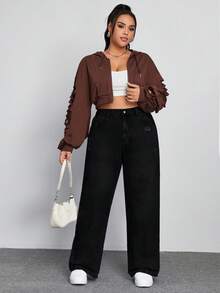 SHEIN ICON 大码女式休闲纯色直筒牛仔裤 - 黑色 - 查看 3