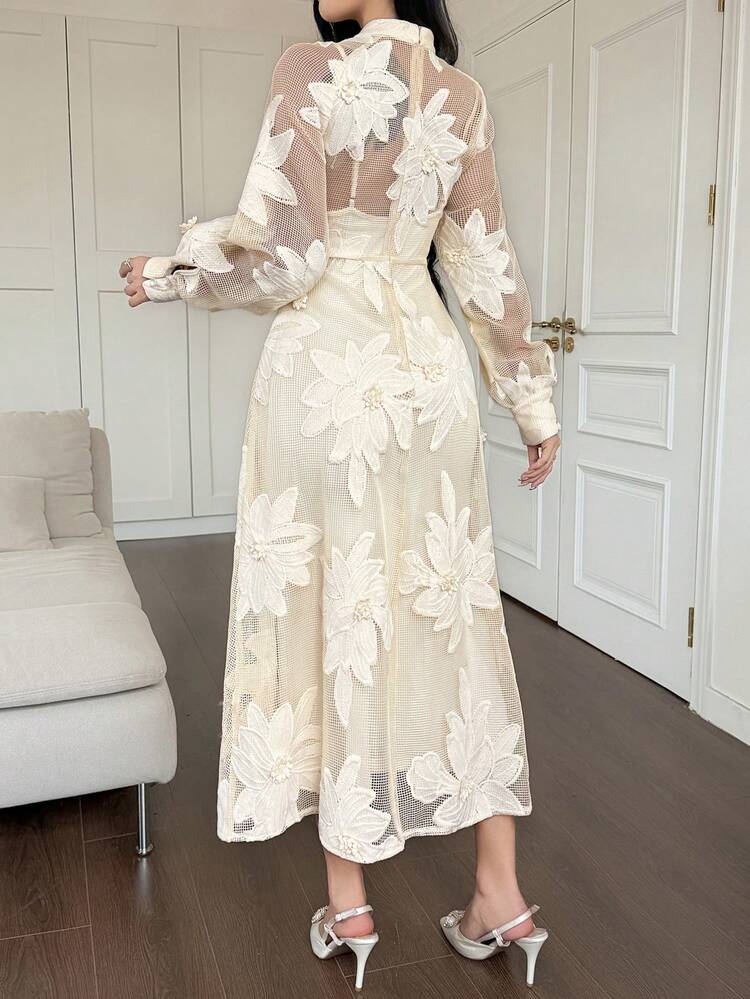 Women's Elegant Floral Print Stand Collar Mid-Length Dress, Autumn/Winter Wedding Guest Dress