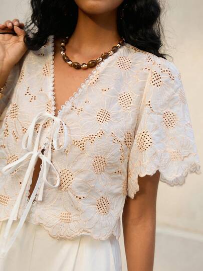 Poéselle Women's Blouse Boho Floral Eyelet Lace Tie-Front Crop Blouse , Scalloped Hem Puff-Sleeve Summer Top Boho Lace Top, Eyelet Blouse, Tie Front Crop Top, Cottagecore Blouse, Puff Sleeve Shirt, Scalloped Hem Top, Summer Vacation, Vintage Lace Blouse V-Neck Knotted Embroidered Elegant Short Sleeve Blouse