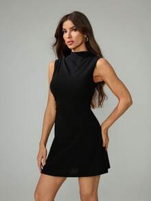 SHEIN Tall Women's Elegant Minimalist Delicate Romantic Sweet Daily Commute Wedding Party Music Festival Vacation Pleated A-Line Mini Dress With Camisole, Black Sleeveless Dress Women Mini Dresses Mini Black Dress Black Dress Black Sleeveless Dress - Black - View 3