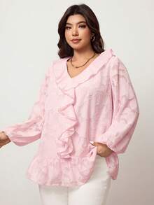 Enliva Áo sơ mi dài tay dáng chữ A, tay phồng, chất liệu jacquard, màu hồng lãng mạn dành cho nữ, cỡ lớn. - Hồng - Xem 2