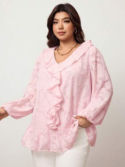 Enliva Plus-Size Women's Long-Sleeved A-Line Jacquard Shirt, Puff Sleeves, Romantic Pink, Valentine's Day., For Apple Rounded Body Shape