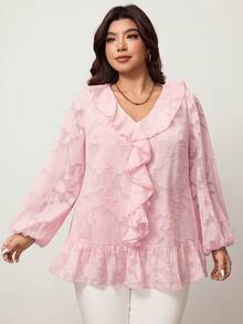 Enliva Áo sơ mi dài tay dáng chữ A, tay phồng, chất liệu jacquard, màu hồng lãng mạn dành cho nữ, cỡ lớn. - Hồng - Xem 5