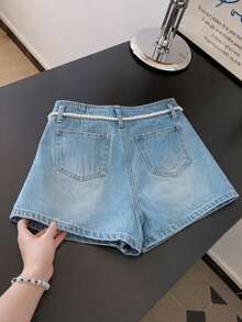GlowEve Quần short denim xếp ly thời trang thường ngày có thắt lưng dành cho nữ, thích hợp cho mùa hè. - Rửa nhẹ - Xem 2