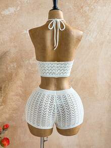 Soleia Women 2 Pieces Knit Set: White Halter Neck Camisole & Shorts - White - View 2