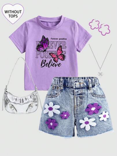 SHEIN 女婴花卉刺绣蓝色牛仔短裤