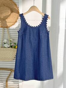 Comfortcana Vestido cropped jeans casual feminino - Lavagem escura - Ver 6