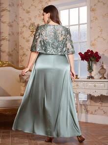 Ellevyn 大码女士优雅拼接刺绣网纱腰部裹身褶皱连衣裙 - 薄荷綠 - 查看 9