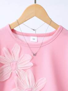 女童甜美清新风立体花朵装饰荷叶边短袖上衣+宽松短裤休闲套装日常夏季两件套 - 粉色 - 查看 3