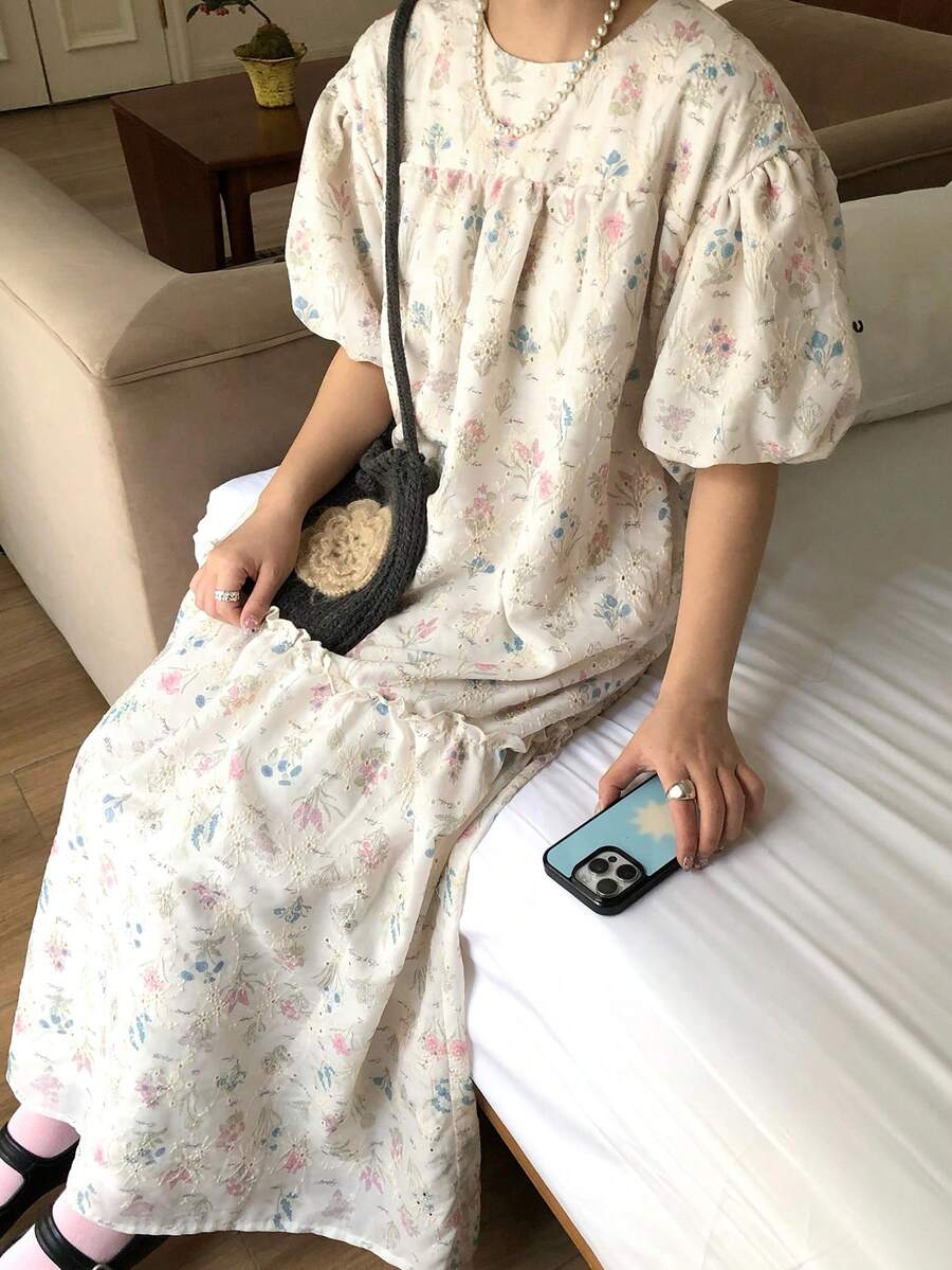 FRIFUL 女士夏季度假风印花泡泡袖荷叶边下摆连衣裙波西米亚风 - 白色 - 查看 1