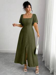 Elenzga Đầm cỡ lớn màu trơn, viền bèo nhún, cổ vuông, eo thắt cho nữ - Màu xanh Ô liu - Xem 3