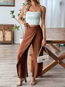 Breezaya 女士纯色直筒褶皱修身裤 - 棕色 - 查看 3