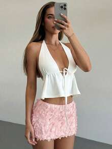 Aloruh Music Festival Pink Sequin Low Waist Mini Shorts For Women,3D Floral Mini Skirt,Easter,Carnival,Business Casual Woman,Office Wear Women,Going Out,Date Night,Teacher For Women,Party,Weddings & Events - Pink - View 7