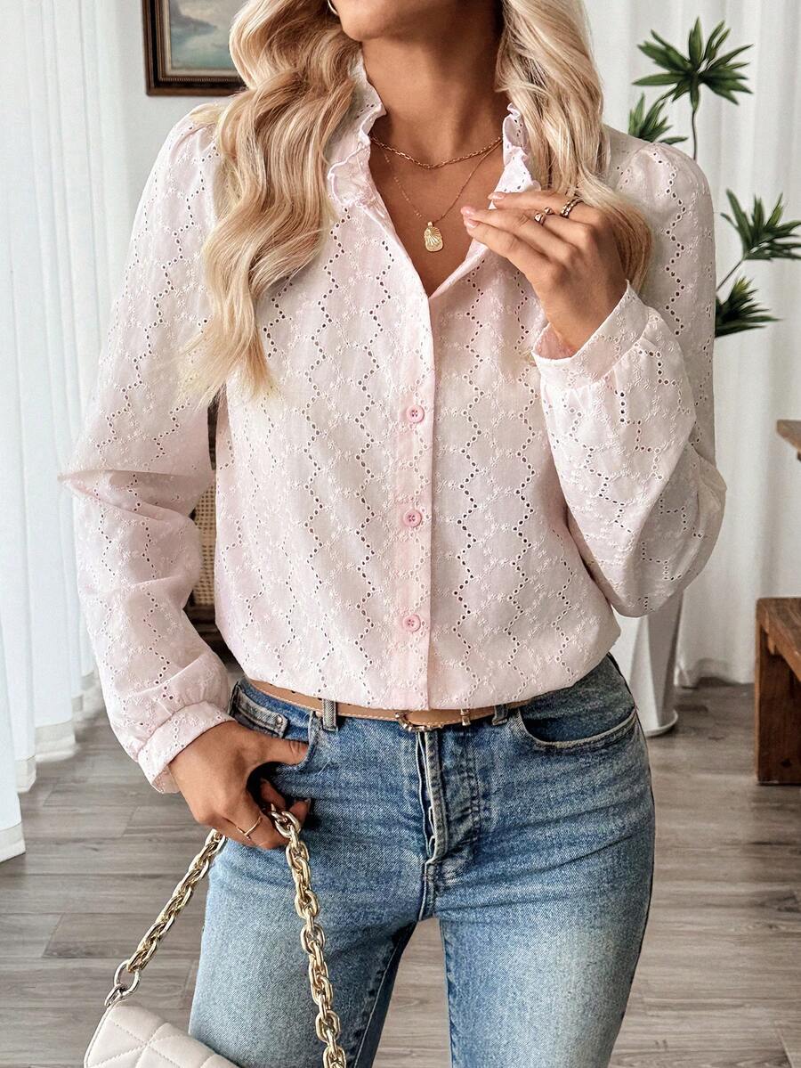 SHEIN LUNE Women's Hollow Embroidery Puff Sleeve Single-Breasted Casual Shirt - Pink - View 1