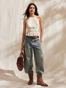 Easelle Women's Pleated Halter Neckline Waist-Tied Backless Tank Top