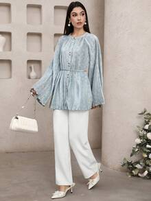 Veilorie New Textured Pleated Tie-Cinched Waist Elegant Versatile Daily Gathering Blouse - Blue - View 3