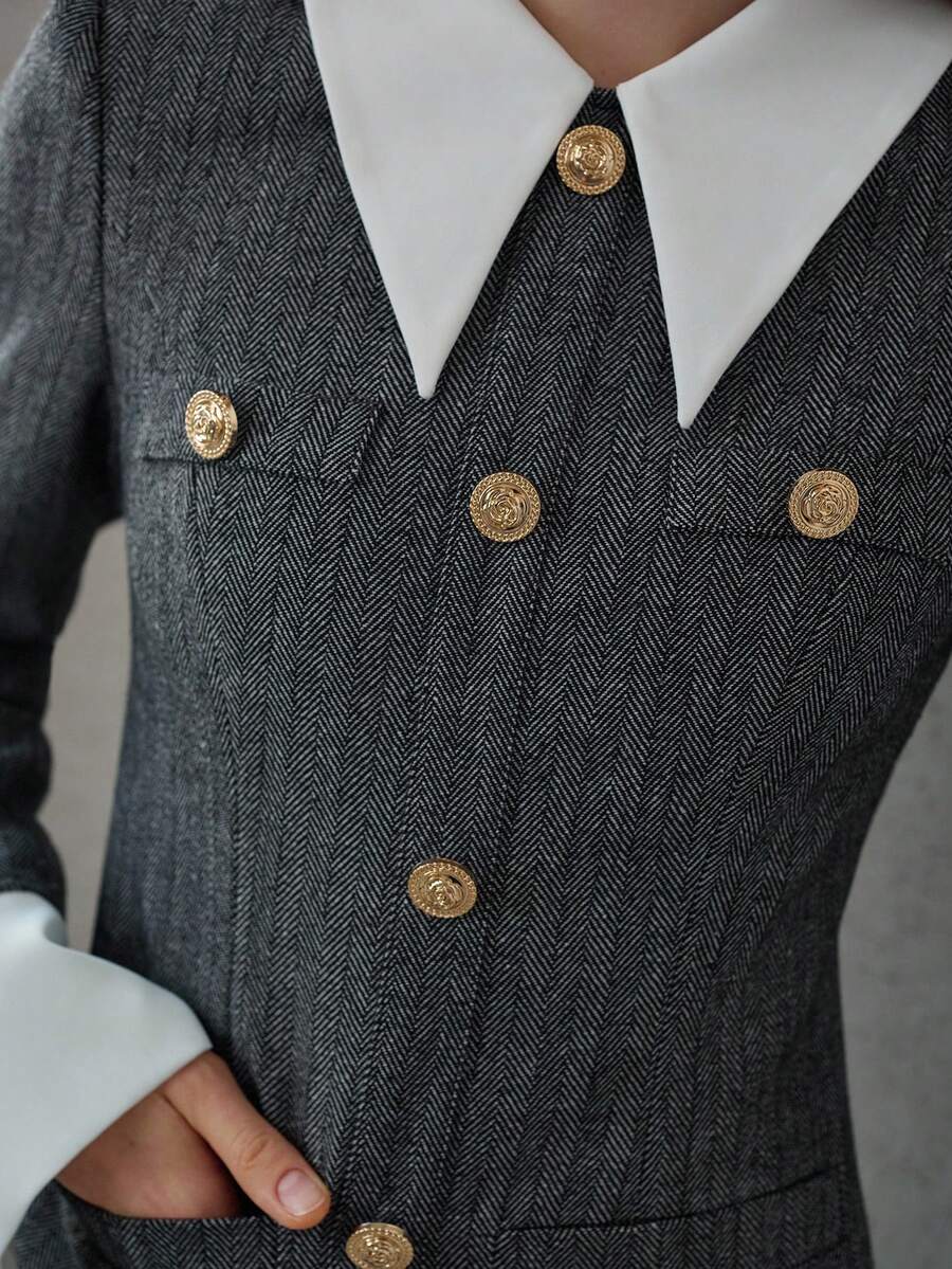 MOTF PREMIUM HERRINGBONE WAIST CINCHED MINI DRESS, MINIMALIST FOR DAILY COMMUTE - Multicolor - View 2