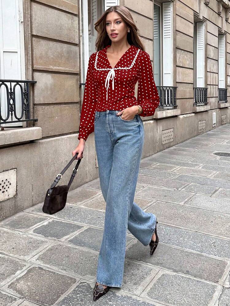 Pariaura Women's Elegant Design White Lace Patchwork V-Neck Tie Waist Polka Dot Casual French Style Short Black Blouse, Long Sleeve - Red - View 6