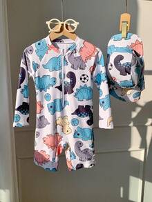 SHEIN 2pcs/Set Young Boys Cute Cartoon Dinosaur Pattern Long Sleeve Rash Guard & Hat Set,Suitable For Beach,Pool,Summer,Holiday,Toddler Boy Clothes - Multicolor - View 3
