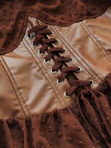 Ceyna Plus Size Cinched Waist Ruffle Flare Sleeve A-Line Jacquard Dress - Brown - View 8