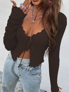 Almamuse Áo khoác cardigan nữ kiểu dáng thường ngày, viền bèo nhún, thắt nơ phía trước, thích hợp cho mùa Thu/Đông. - Màu nâu Sô-cô-la - Xem 6