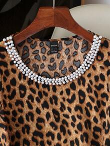 Franclia Leopard Print Fitted Sleeveless Top With Shimmering Pearls Neckline And Side Ruching,Dark Brown,Summer,Seductive,Party Night,Modern Cinched Waist Top - Multicolor - View 4
