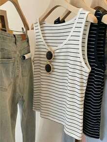 Resyla Women's Plus Size White Striped Knitted Fabric Tank Top Regular Length Casual O-Neck - White - View 1