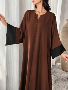 Al Najma Váy Maxi Ả Rập tay loe cổ chữ V màu tương phản cho nữ, váy dài tay kín đáo phong cách thanh lịch cho tiệc thường ngày/ngày lễ/buổi tối/khách dự tiệc cưới - màu đen - Xem 4