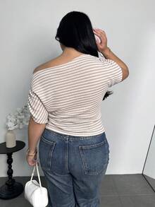 Firerie Plus Size Women Textured Striped Asymmetric Shoulder Ruched Batwing Sleeve T-Shirt Top, Spring Summer Autumn Wear, Commuting, Elegant, Casual, Daily, Work - Apricot - View 2