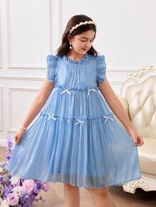 Genkimix Kids 少女白色蝴蝶结装饰优雅公主裙，梦幻欧根纱双层短袖海蓝色 - 淺藍色 - 查看 3