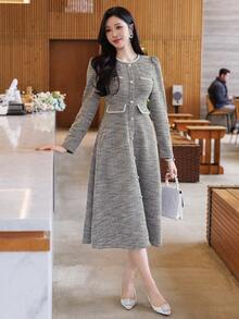 DAZY Đầm midi phối họa tiết thanh lịch mùa xuân & hè, thiết kế ôm eo, phù hợp cho hẹn hò, đám cưới, tiệc tùng, các dịp thường ngày và công sở. - Màu be - Xem 5