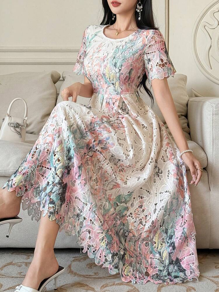 Women's Elegant Floral Lace Round Neck Mid-Length Dress, Summer Wedding Guest Dress Sundress