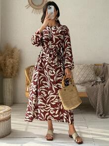 Vivie Lora Women's Round Neck Patterned Loose Mid-Length Dress - Brown - View 5