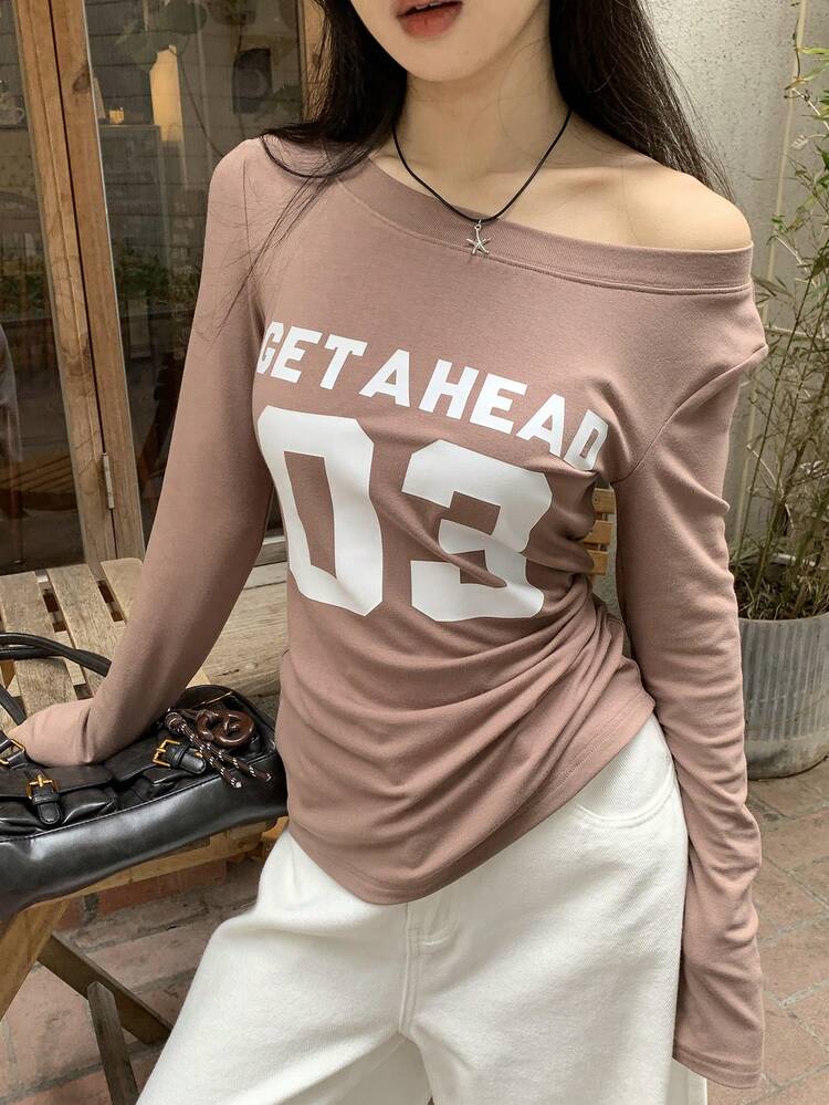 Women's Casual Crew Neck Long Sleeve English Letter Print T-Shirt, Korean Style