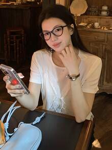 DAZY 女士二合一蕾丝拼接圆领短袖T恤 - 白色 - 查看 5