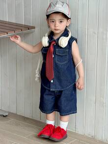 DAZY 两件套幼儿男童牛仔衬衫和宽松短裤套装，复古风格 - 深色水洗藍 - 查看 5