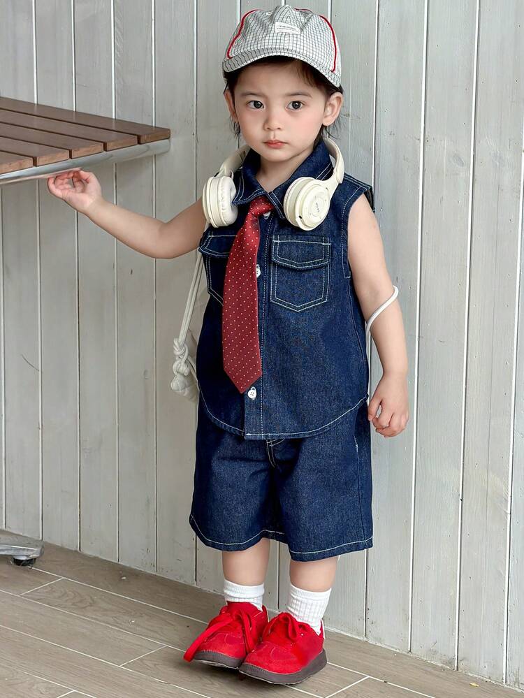 2pcs Baby Boys Denim Collared Shirt And Loose Shorts Set, Vintage Style Summer