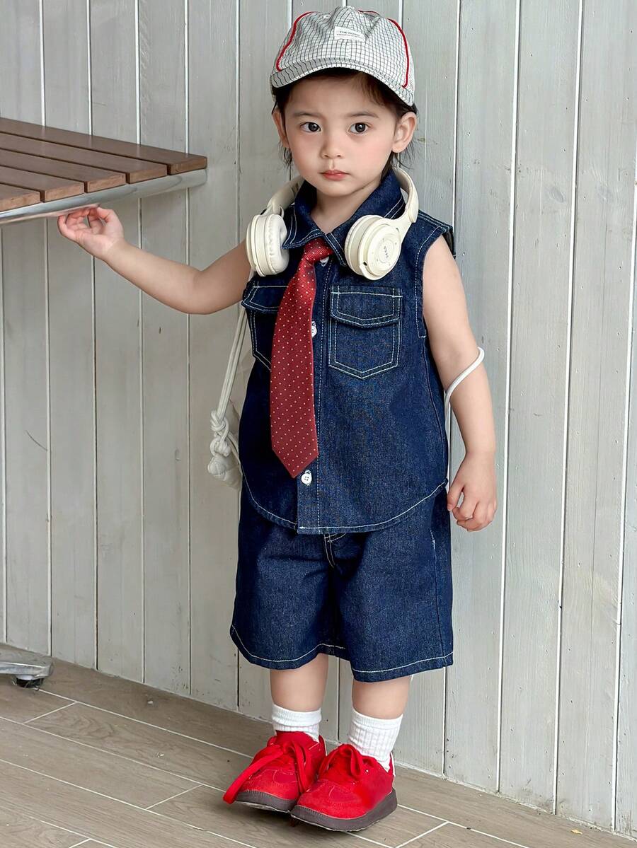 DAZY 两件套幼儿男童牛仔衬衫和宽松短裤套装，复古风格 - 深色水洗藍 - 查看 1