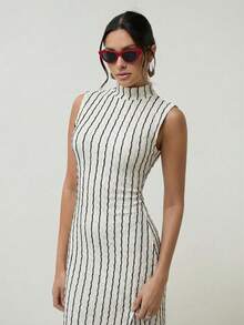 COSMINA Women's Elegant Striped Lace Elastic Sleeveless Dress, Versatile For Elegant Outings, Dates, Bohemian Beach Vacations, Office Commute - Black and White - View 4