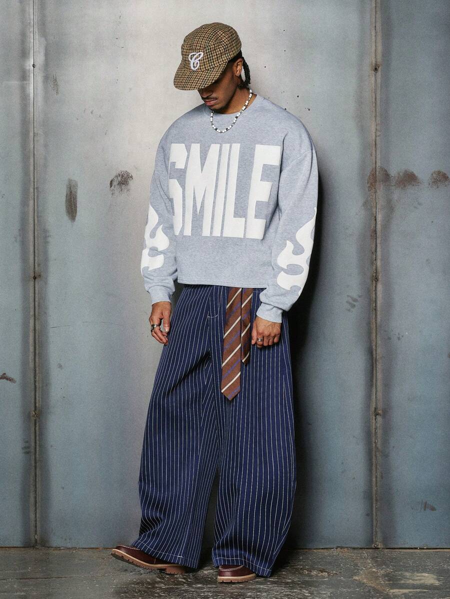 PAVTROS 男士街头风流行INS同款微笑3D泡沫印花火焰泡沫户外音乐节夜店男友/老公礼物周年纪念礼物浅灰色套头衫