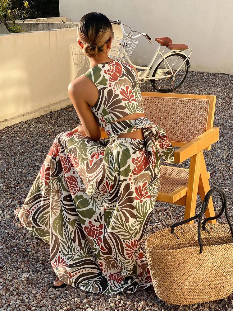 Floral Print Sleeveless Tie-Front Midi Dress, Vacation Style For Spring & Summer Boho