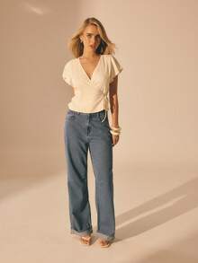 Aralina 女士V领裹身式短袖优雅荷叶边上衣飘逸上衣派对上衣白色上衣沙滩上衣夏季亚麻上衣复古风格上衣 - 米色 - 查看 8