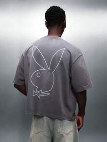 PLAYBOY X SUMWON 男士短款宽松版型短袖圆领T恤，背面印有大图案，休闲夏季水洗棉上衣 - 灰色 - 查看 5